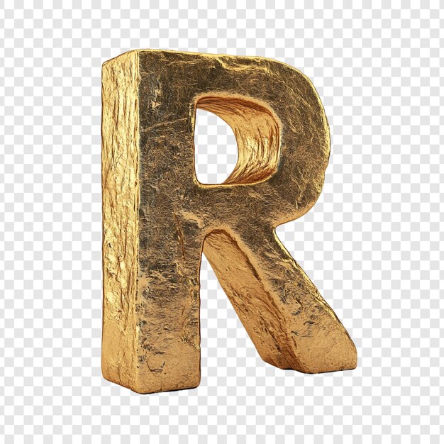 Letra dorada R Renderización 3D de un carácter alfabético texturizado