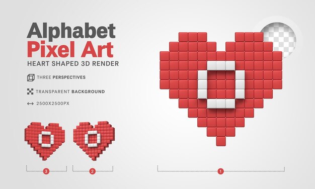 Letra O alfabeto pixel art 3d render fondo transparente