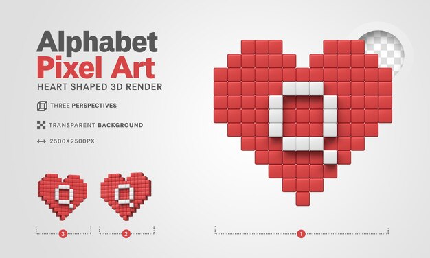 Letra Q alfabeto pixel art 3d render fondo transparente