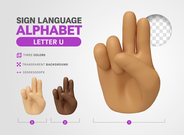 Letra U en lenguaje americano signo alfabeto 3d render dibujos animados