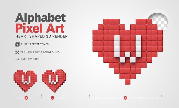 Letra W alfabeto pixel art 3d render fondo transparente
