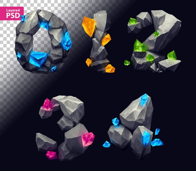 Letras de estilo fantasía hechas de piedras duras y gemas mágicas brillantes.