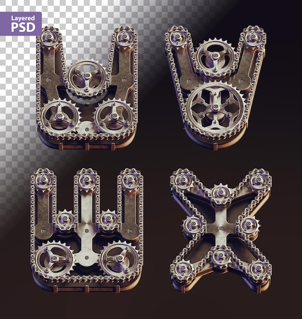 Letras de estilo steampunk 3d hechas de engranajes de bicicleta y cadena