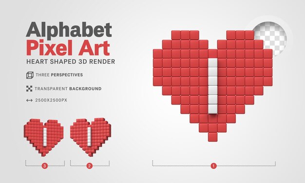 Letter I alfabet pixel art 3d render transparante achtergrond