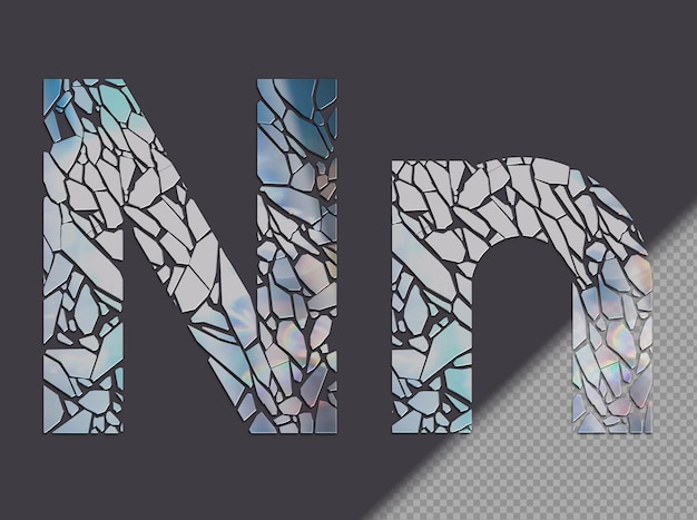 Letter n in hoofdletters en kleine letters gemaakt van glasscherven