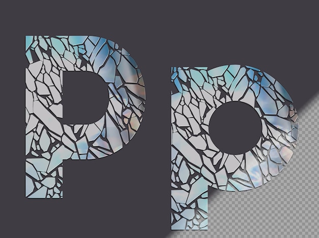Gratis PSD letter p in hoofdletters en kleine letters gemaakt van glasscherven