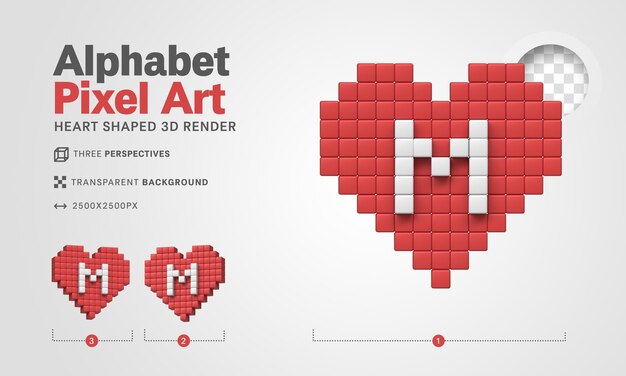 Lettera M alfabeto pixel art 3d rendering sfondo trasparente