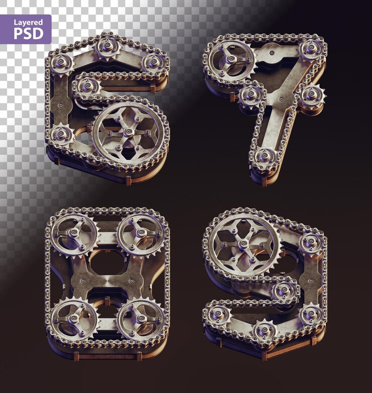 PSD gratuito lettere in stile steampunk 3d fatte di ingranaggi e catena per bici