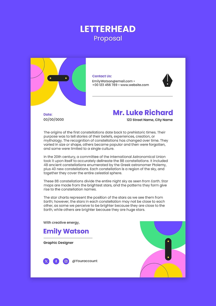 PSD gratuito letterhead proposal for astronomy-themed project