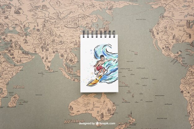 Libreta de notas sobre map del mundo