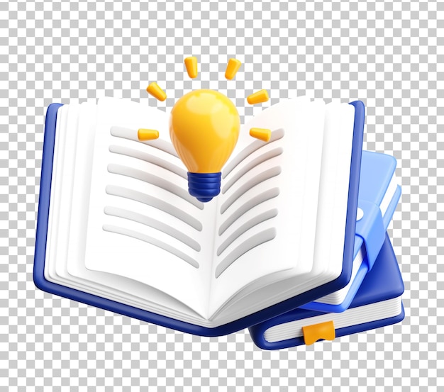 Libro abierto en 3D con bombilla para conocimiento e ideas creativas