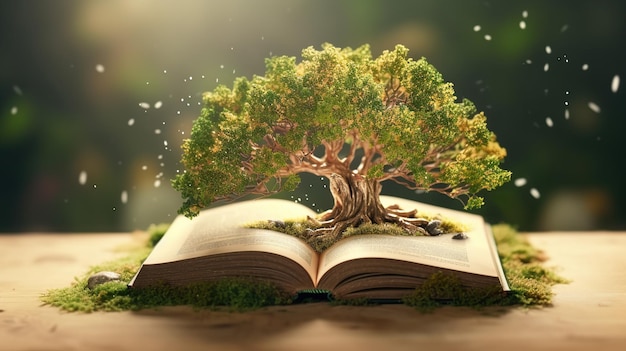 Un libro abierto con un árbol creciendo de él IA generativa
