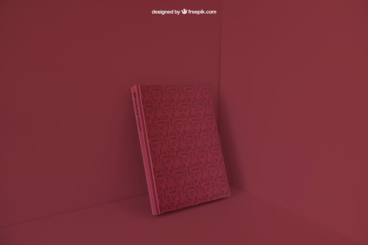 PSD gratuito libro appoggiato in angolo con effetto colore rosso