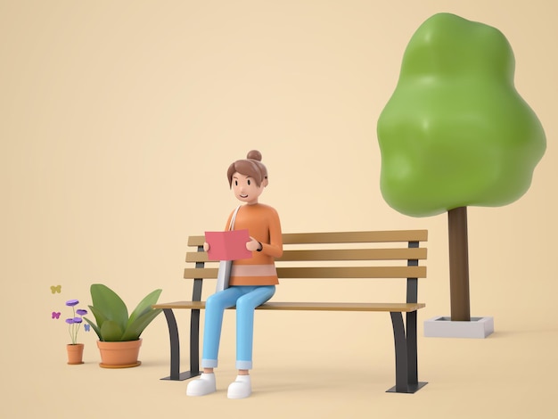Libro de lectura de la mujer del carácter de la ilustración 3D en la representación del parque