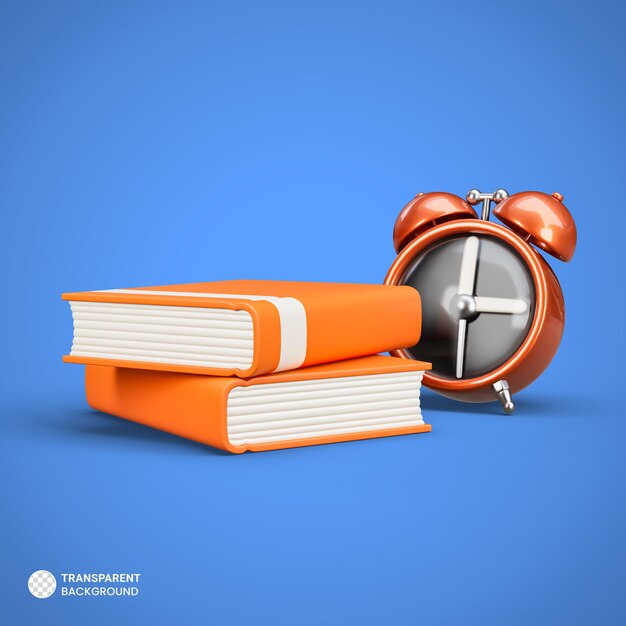 Libros con icono de despertador aislado 3d renderizar ilustración