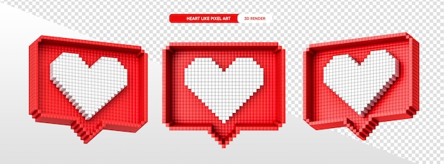 Like hart sociale media in pixel art 3d render met transparante achtergrond