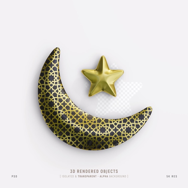 Linda luna creciente islámica y estrella aislada 3D Rendering