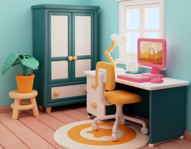 PSD gratuito lindo dormitorio con ilustración de escritorio