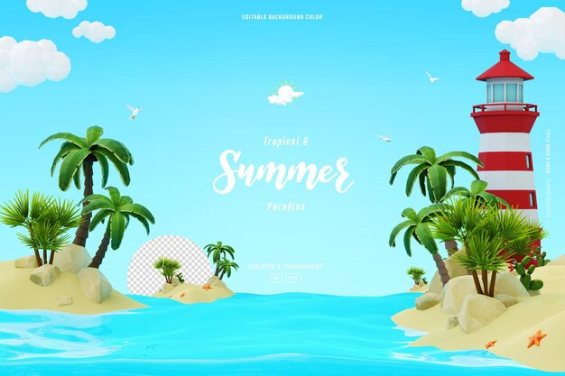 Lindo fondo de paisaje de isla de playa de verano con palmeras ilustración 3D aislado