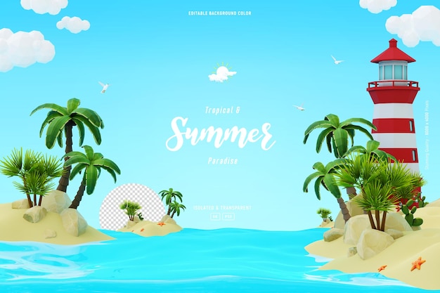 Lindo fondo de paisaje de isla de playa de verano con palmeras ilustración 3D aislado
