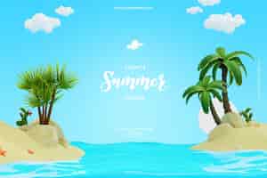 PSD gratuito lindo fondo de paisaje de playa de verano decorado con nubes y palmeras ilustración 3d aislado