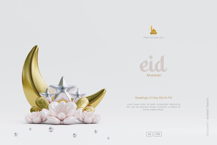 PSD gratuito lindo fondo de saludo eid al fitr decorado con luna creciente 3d y flores