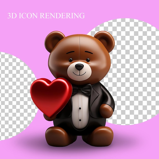 Un lindo oso de peluche 3D en un esmoquin sosteniendo un corazón que simboliza el amor y el afecto