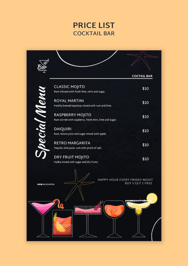 PSD gratuito lista dei prezzi per la celebrazione dell'happy hour
