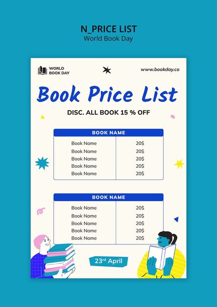 PSD gratuito lista de precios para la celebración del día mundial del libro