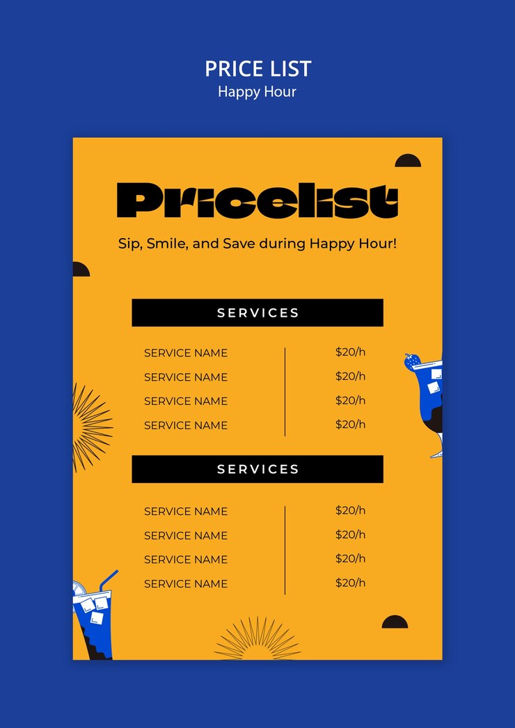 PSD gratuito lista de precios para la celebración de la hora feliz