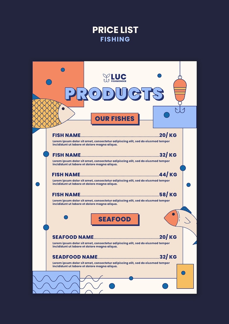 PSD gratuito lista de precios del tiempo de pesca