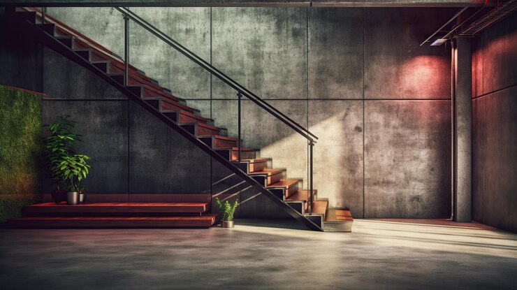 PSD Gratis loft style metal stair and concrete wallgenerative ai