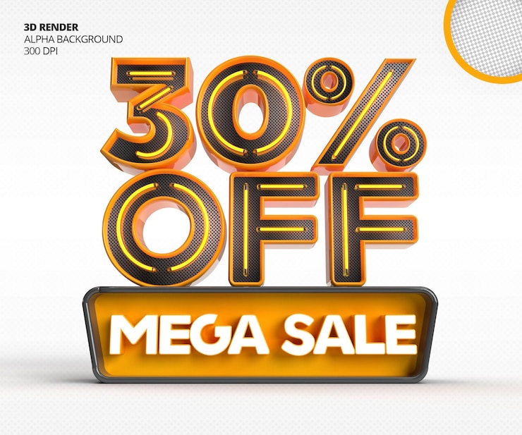 PSD gratuito logo di mega vendita 3d con uno sconto del 30 percento o un'offerta nel modello di progettazione di rendering 3d