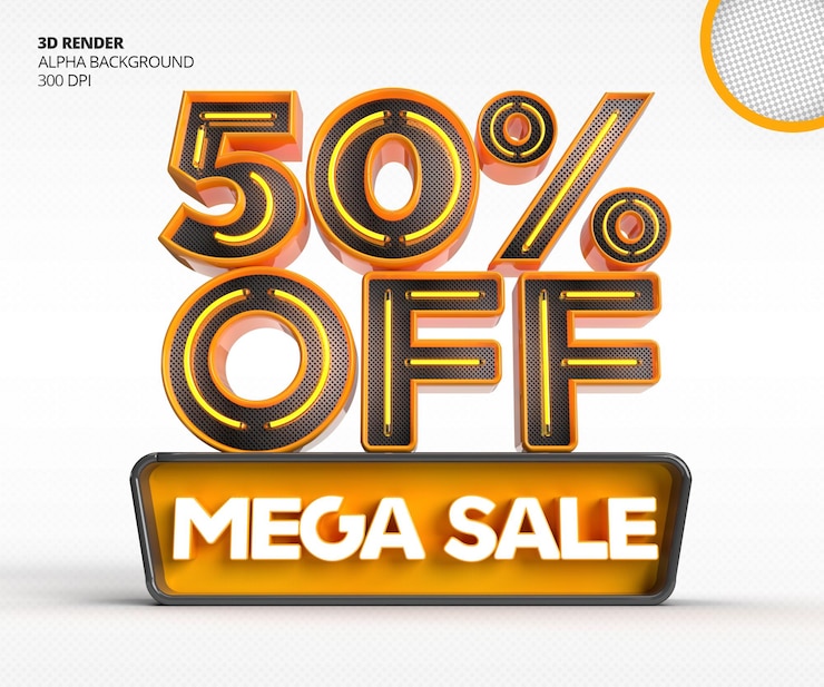PSD gratuito logo di vendita mega 3d con uno sconto del 50 percento o un'offerta nel modello di progettazione di rendering 3d