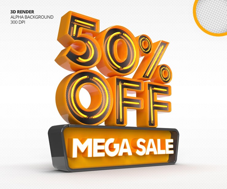 PSD gratuito logo di vendita mega 3d con uno sconto del 50 percento o un'offerta nel modello di progettazione di rendering 3d