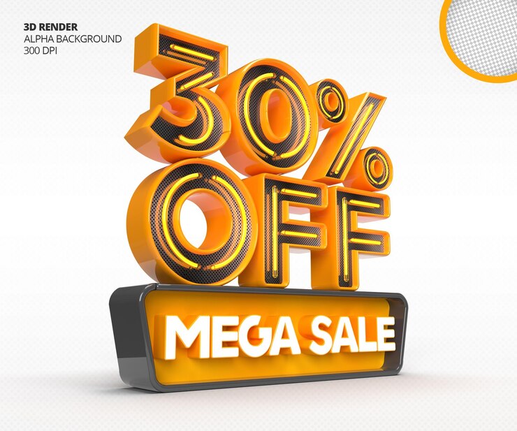 PSD gratuito logotipo de mega venta 3d con 30 por ciento de descuento u oferta en plantilla de diseño de renderizado 3d