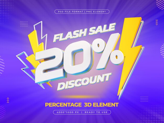 Logotipo de venta flash 3D con una oferta de descuento del 20 por ciento Ilustración de renderización 3D