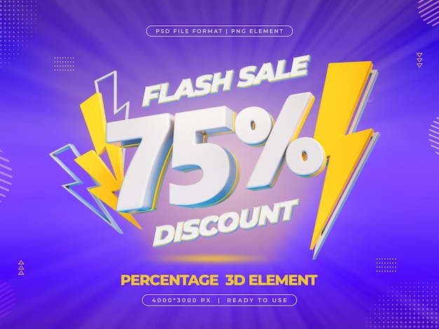 PSD gratuito logotipo de venta flash en 3d con una oferta de descuento del 75 por ciento ilustración de renderización en 3d