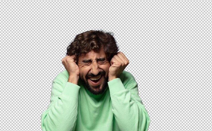 PSD Gratis looking angry stressed and annoyed covering both ears to a deafening noise sound or loud music