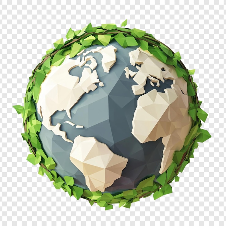 PSD Gratis low poly earth globe encircled by lush green leaves a symbol of environmental preservation and global sustainability
