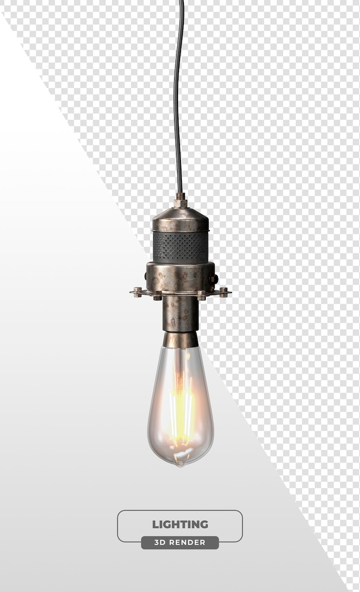 PSD gratuito luce pendente industriale rustica con lampadina esposta e finitura metallica invecchiata in rendering 3d