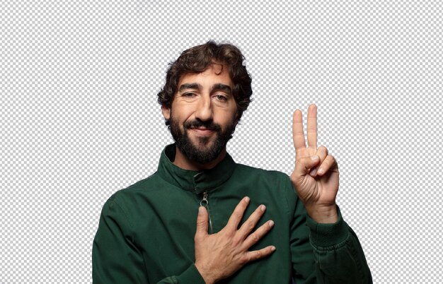 luciendo feliz, confiado y confiable, sonriendo y mostrando el signo de la victoria con una actitud positiva