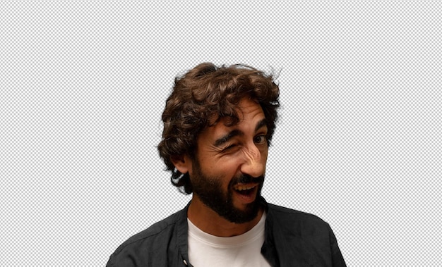 lucir feliz y amistoso, sonriendo y guiándote un ojo con una actitud positiva