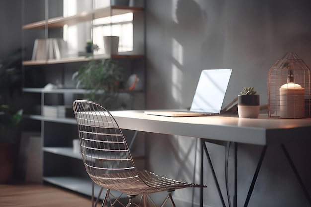 Lugar de trabajo moderno con computadora portátil en la mesa en la oficina mockup para el diseño