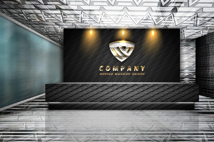PSD Gratis luxury chrome office wall logo mockup