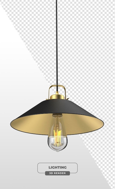 Luz colgante de cono industrial negra y dorada con bombilla expuesta en renderización 3D
