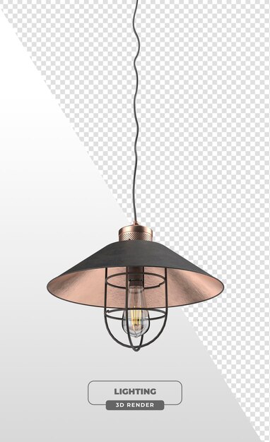 Luz colgante industrial negra y de cobre con sombra de jaula de alambre en renderización 3D