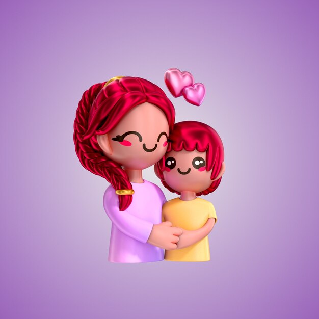 Madre e hija abrazándose con corazones en el icono de estilo de dibujos animados en 3D