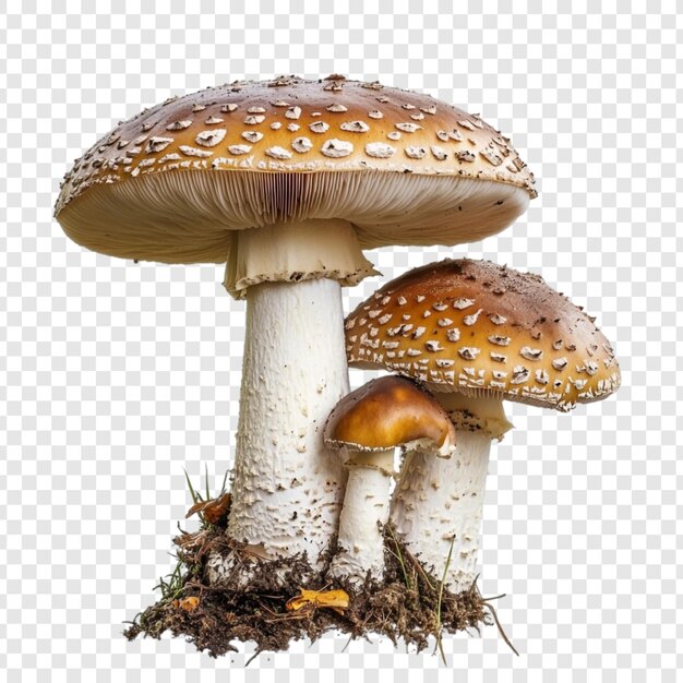 Un magnífico trío de setas Un primer plano de tres setas Amanita en su hábitat natural