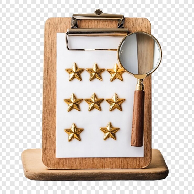 PSD Gratis magnifying glass and golden stars on clipboard quality assessment